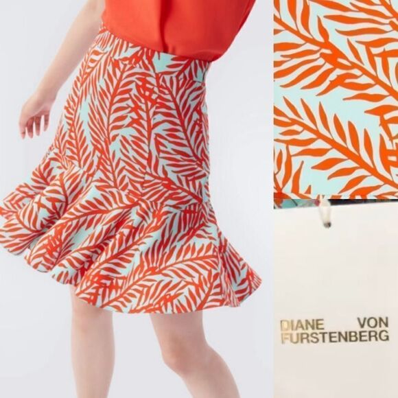 $258 NEW 14 DVF DIANE VON FURSTENBURG turquoise orange flirt ruffle skirt XL NWT - Picture 1 of 3